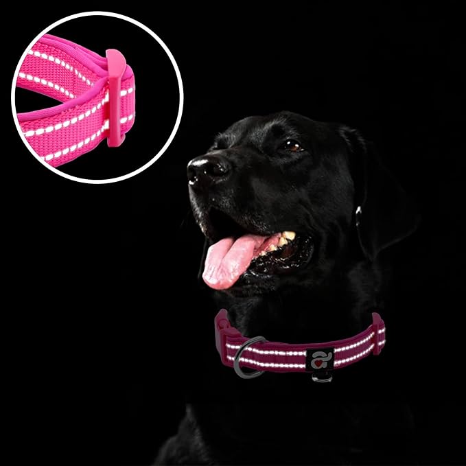 azuza Reflective Dog Collar,Soft Neoprene Padded Pet Collar with ID Tag Ring,Adjustable for Puppy and Small Dogs,Hot Pink,XS