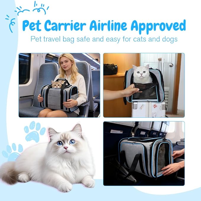 Double Expandable Cat Carrier,Airline Approved Soft-Sided Pet Travel Carrier for Small Dogs Cats under 15 lbs,Waterproof 600D Oxford Fabric with Washable Replacement Liner,Odor-Free & Claw-Proof(Blue)