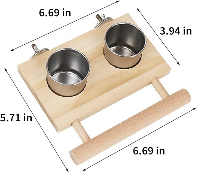 Bird Food Stainless Steel Cups Wooden Perch Stand Hanging Feeder Bowls Feeding and Watering Supplies for Parakeets Conures Cockatiels Budgie Parrot (L)
