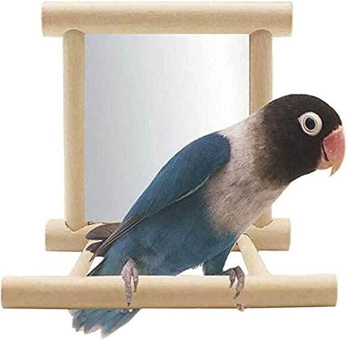 Bird Mirror Parakeet Mirror Perch Stand Wooden Swing Mirror Toy Cage Accessories for Parrots Budgies Parakeets Cockatiels Lovebirds Finches