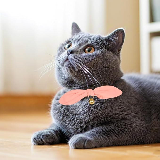 Bunny Ear Cat Collar with Bell and Bow Tie, Breakaway Cute Bowtie Kitten Collars(Coral Orange)
