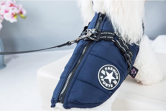 HDKUW Small Dog Jacket, Small Dog Coat Harness Winter Warm Vest Jacket Waterproof Cotton Costume for Puppy Small Dogs (S, Blue)