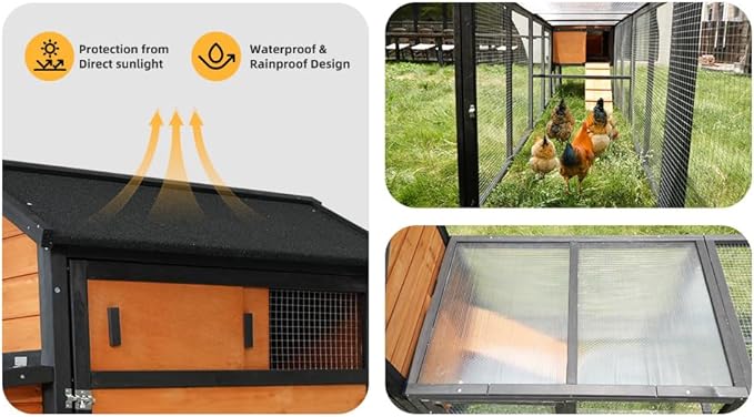 KEIKI 113" Wooden Chicken Coop with Run, Large Outdoor Hen Cage with Nesting Box and Predator-Proof Lock, Waterproof Anti-UV Roof Rabbit Hutch for Backyard Poultry, Brown