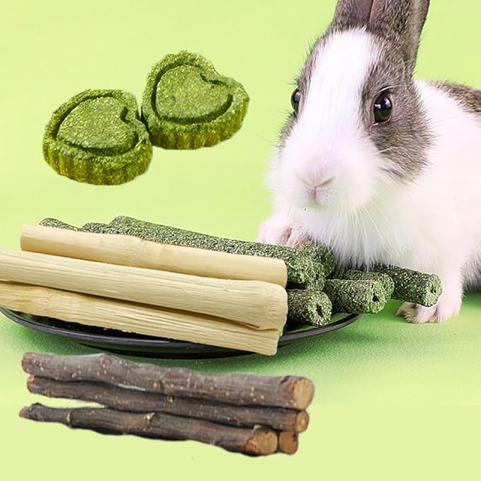 Rabbit Chews Toys Cleans The Mouth, Guinea Pig Chew Toys Protect Teeth, Apple Sticks Timothy Grass Sticks Bamboo for Rabbits Helps Digestion Chinchilla Treats