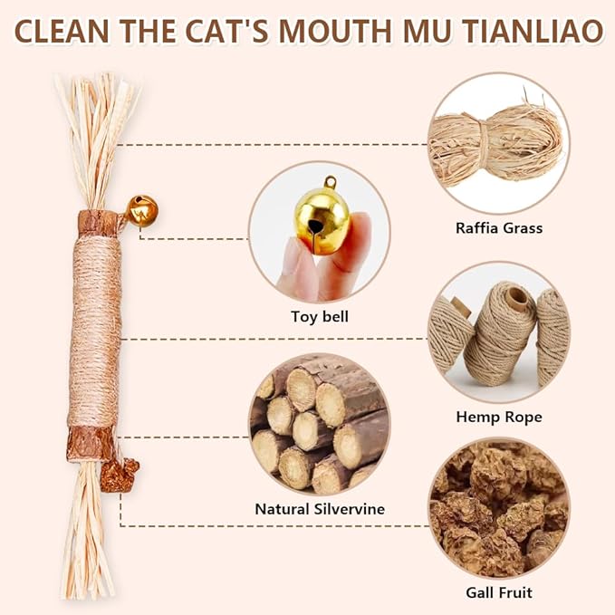 Natural Dried Matatabi Cat Chew Stick with Gall Fruit, Raffia Grass & Bell Cat Ball Toys, Handmade Silvervine Sticks Interactive Catnip Toys for Teething & Entertainment (Size M Color D)