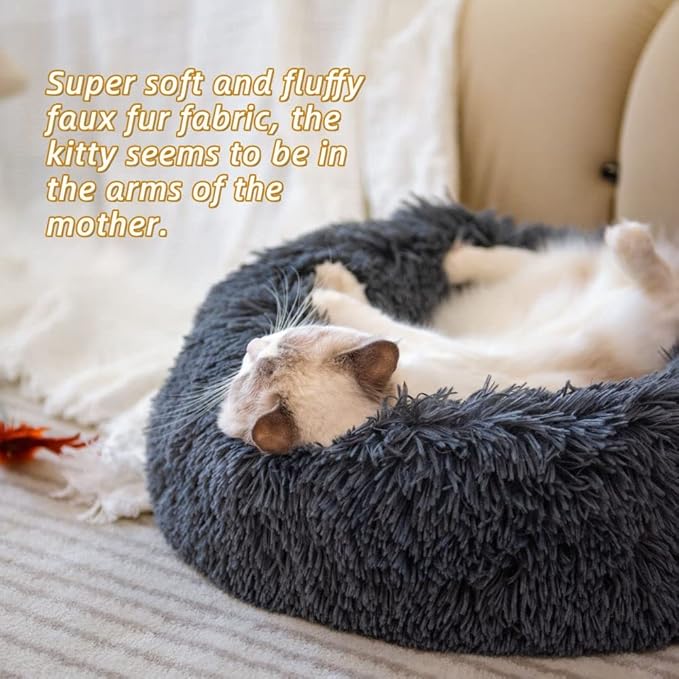 Original Calming Donut Dog and Cat Bed in Shag Fur, Dog Beds for Melium Dogs, Anti Anxiety Round Fluffy Plush Faux Fur Pet Bed (Dark Grey, X-Large)