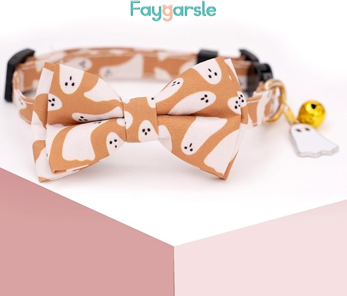 Faygarsle 2 Pack Halloween Breakaway Cat Collar Collection Ghosts Pattern Cute Cat Collar with Bell for Kittens Female Male Cats Seasonal Holiday Bowtie Fall Cat Collar Orange Gray