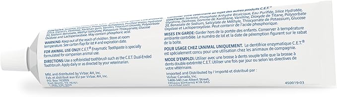Virbac C.E.T. Enzymatic Toothpaste Eliminates Bad Breath by Removing Plaque and Tartar Buildup Best Pet Dental Care Toothpaste Vanilla Mint Flavor 2.5 Oz Tube