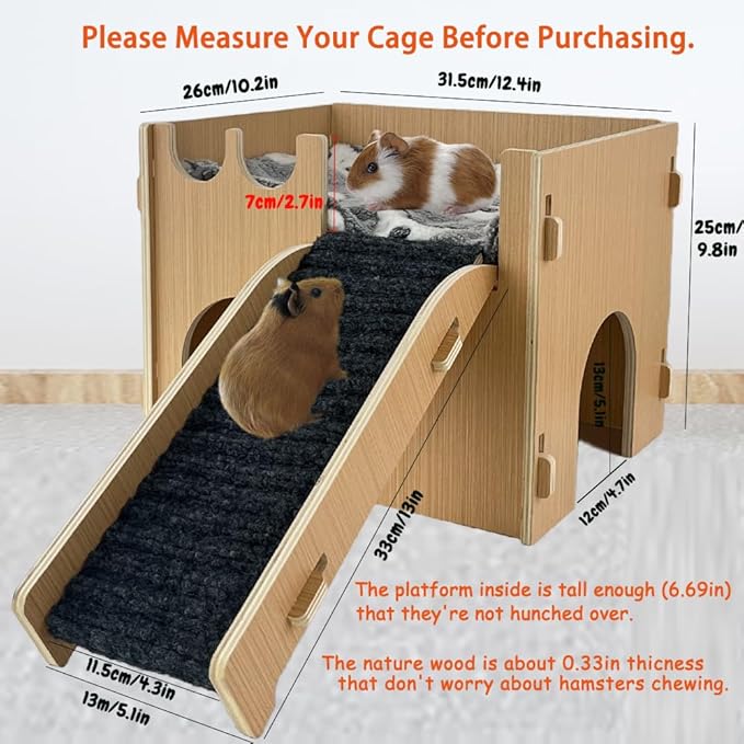 Guinea Pig Castle Hideout, Wooden Hamster House with Stairs & Mat,Small Animal House Hut Habitats 2 Doors for Hamsters Chinchillas Bunny Hiding Playing Sleeping
