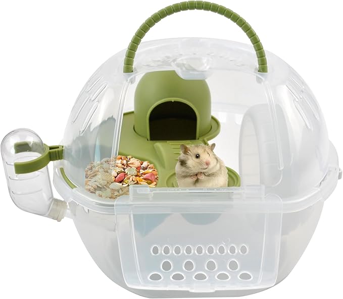Dwarf Hamster Travel Carrier,Portable Hamsterl Cage Carrier with Silent Exercise Wheels Water Bottle Food Dish 2 Tiers Small Animal Breathable Carry Case for Mice Rat Sugar Glider(Green)