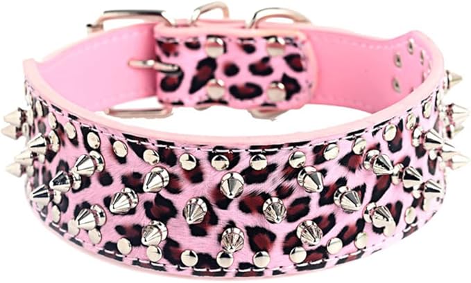 Serijoars Spiked Studded Dog Collar, PU Leather Dog Collar, Adjustable Pet Collars for Medium or Large Breed Pet (M, Leopard)