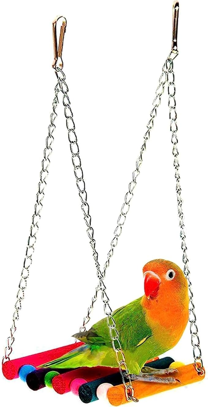 SunGrow Parrot Bird Swing Wooden Perch, Hanging Cage Accessory, Metal Chain Clasp, Colorful Bead Bar Design, Climb Ladder Hammock Setup, Indoor Mount System for Small Medium Pet Type Conure Parakeet