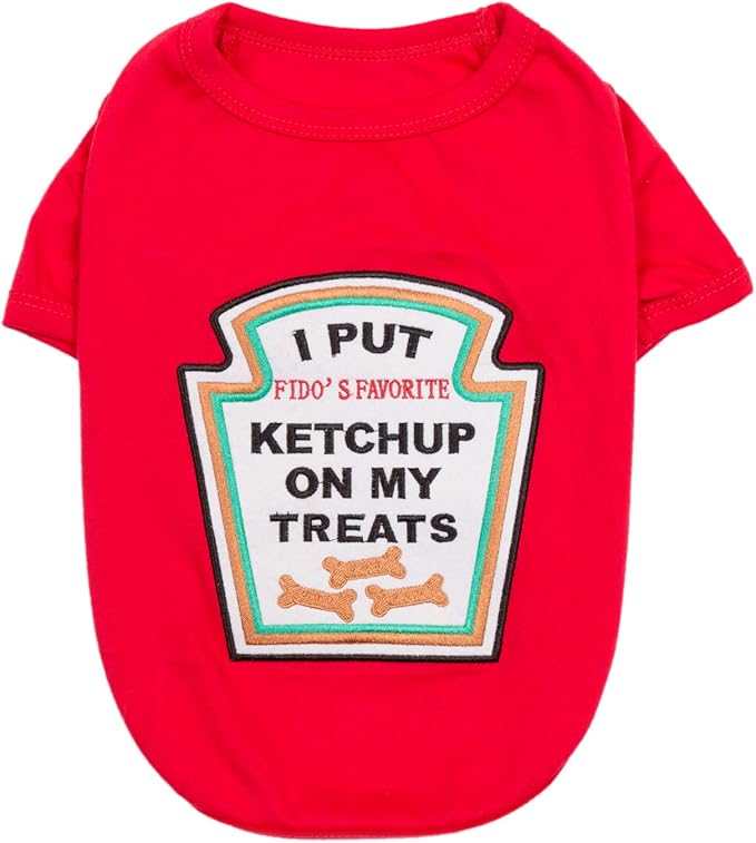 Parisian Pet Dog Shirt - Embroidered “I Put Ketchup on My Treats“ - 100% Cotton and Polyester Dog Clothes - Sleeved, Lightweight Costume for Dogs - Red Dog Shirts for Large Dogs - Pet Costumes - L