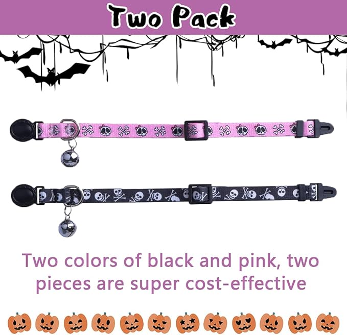 PUPTECK Breakaway Cat Collar with Bell Charm, 2 Packs Adjustable Kitty Collars Pink & Black Skull Pattern, 7.8-11.8 in