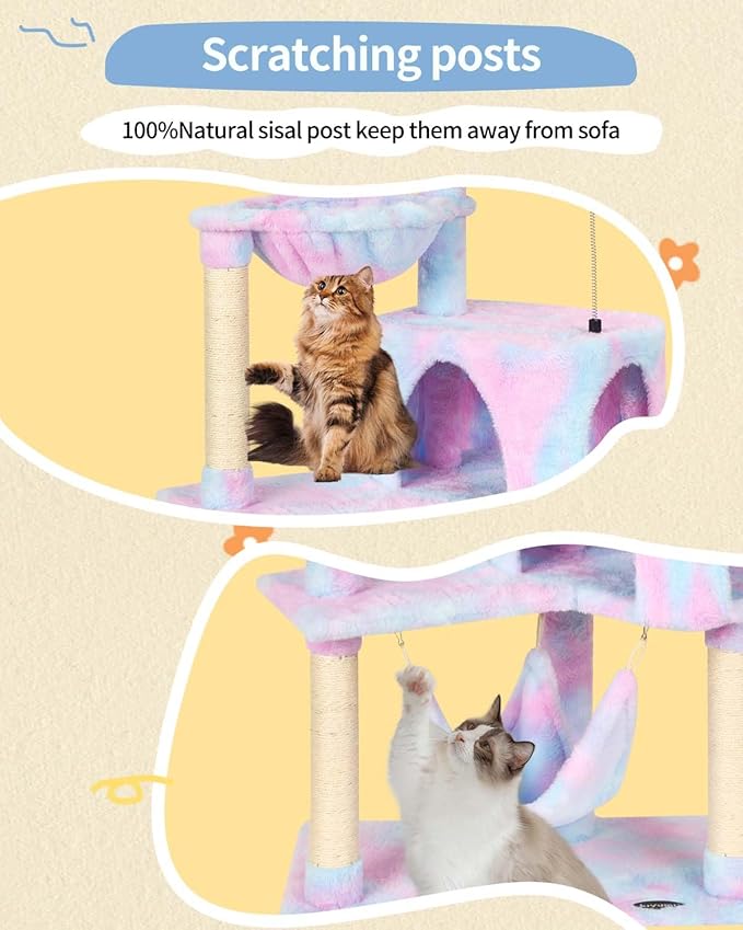 KIYUMI Cat Tree Cat Tower Condo with Sisal Scratching Post for Indoor Cats Tree Furniture with Hammock Perch and Kitten Ball Toys, Multi-Level Pet Activity Center (Rainbow)