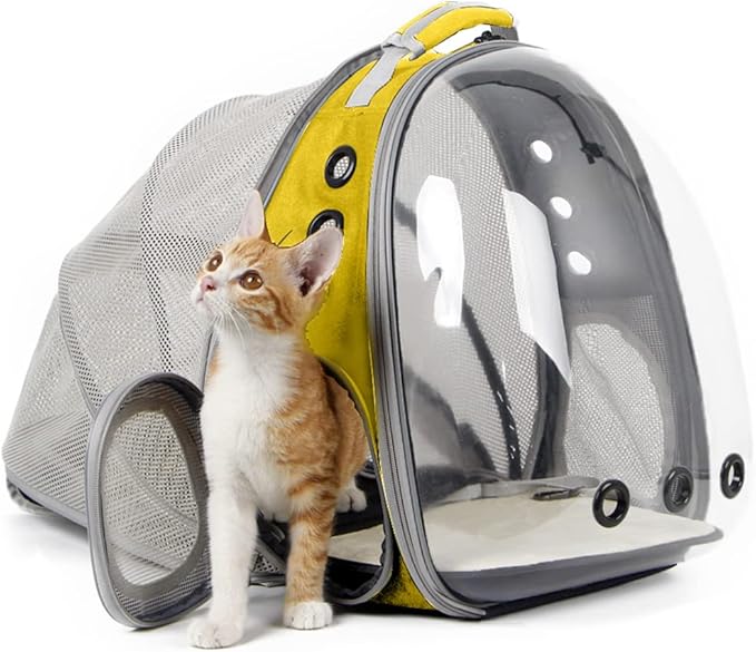 halinfer Expandable Cat Backpack Carrier, Fit up to 12 lbs, Space Capsule Astronaut Bubble Window Pet Backpack for Kitten, Bunny, Rabbit and Small Puppy Yellow