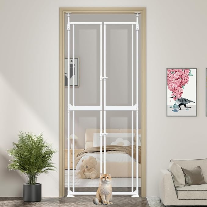 71-98" Clear Tall Cat Pet Gate, 33.5-36 in Wide Extra High Dog Gates for Doorways Acrylic Kitten Proof Full Door Barrier, Auto Close Walk Thru Puppy Pressure Mounted, Indoor White