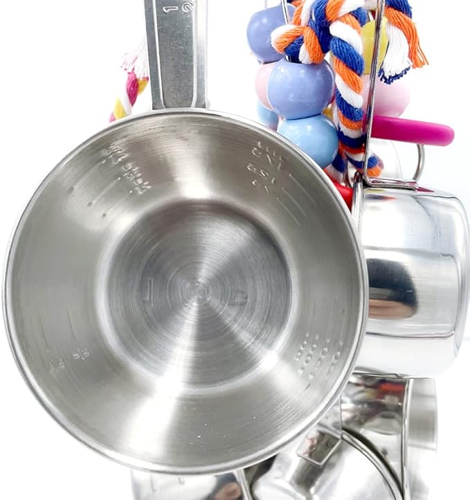New Upgraded Metallic Pots and Multicolored Ring Toys, Pullable 8 Stainless Steel Cups and 8 Wooden Ring Toys for Large and Extra Large Parrot Amazons Macaws African Greys Cockatoos Eclectus