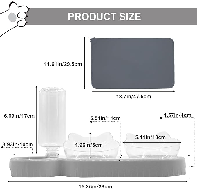 Triple Cat Bowls with Water Dispenser, Pet Whisker Friendly Water and Food Bowl Set with Non-Slip Mat, 15° Tilted Double Feeding Bowls, Elevated Wet and Dry Food Dish for Kitten&Small Dog (Grey)