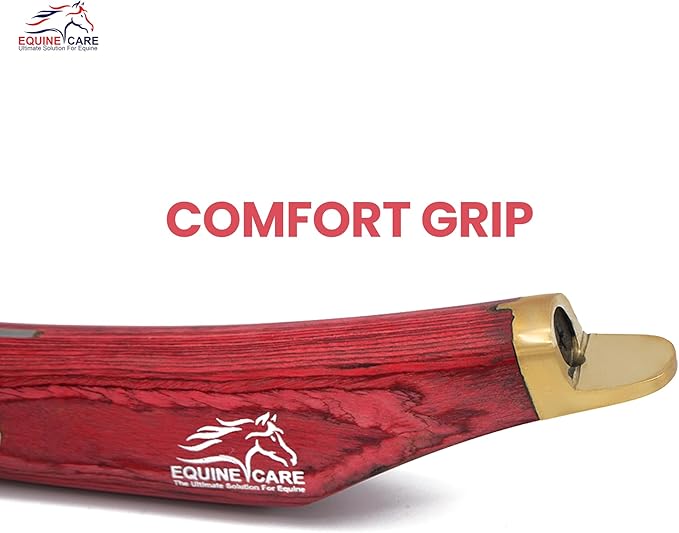 Equine Care Hoof Knife - J2 Japanese Steel Blade with Hoof Pick, Brass Topper Sheet Handle - Farrier Tool for Horse & Cow Hoof Care, Shoeing, Trimming, and Supplies. (Right-Handed)