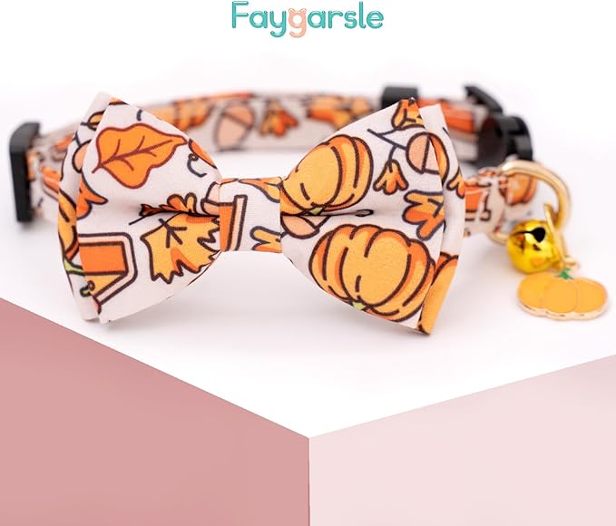 Faygarsle 2 Pack Breakaway Fall Cat Collars with Bow - Boy & Girl - Orange - Autumn Pumpkin Leaf Pattern - Soft Collar - Seasonal Cat Necklace