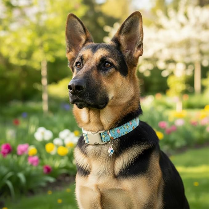Cute Dog Collar, Girl Boy Dog Collar for Medium Dogs, Blue Collar with Ice Cream Print for Spring Summer, Adjustable Pet Collar Made of Soft Durable Fabric and Robust Buckle, M