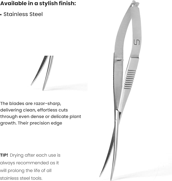 UNS Aquascaping Tools - Stainless Steel Rust Resistant, Freshwater Planted Tank, Saltwater Reef Aquarium Maintenance Accessory - Trimming Stems & Carpets Coral Cutting - Curved Spring Scissors, Silver
