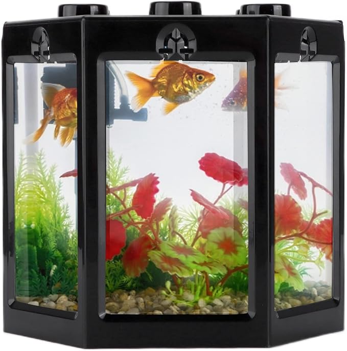 Zerodis Betta Aquarium Starter Kits, Small Aquarium Fish No Clean Corners Crystal-Clear for Fish-Loving Kids Betta Lovers for Home Office Decoration(Black)