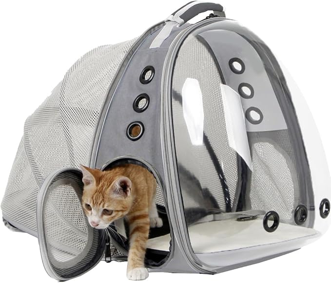 halinfer Back Expandable Cat Backpack Carrier, Fit up to 12 lbs, Space Capsule Bubble Window Pet Carrier Backpack for Kitten Bunny Rabbie and Small Puppy Grey