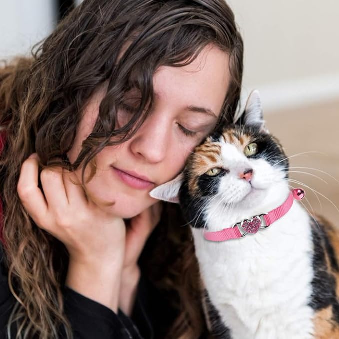 2 Pcs Cat Collars Heart Bling Breakaway with Bell Nylon Adjustable for Kitty (Pink+red)