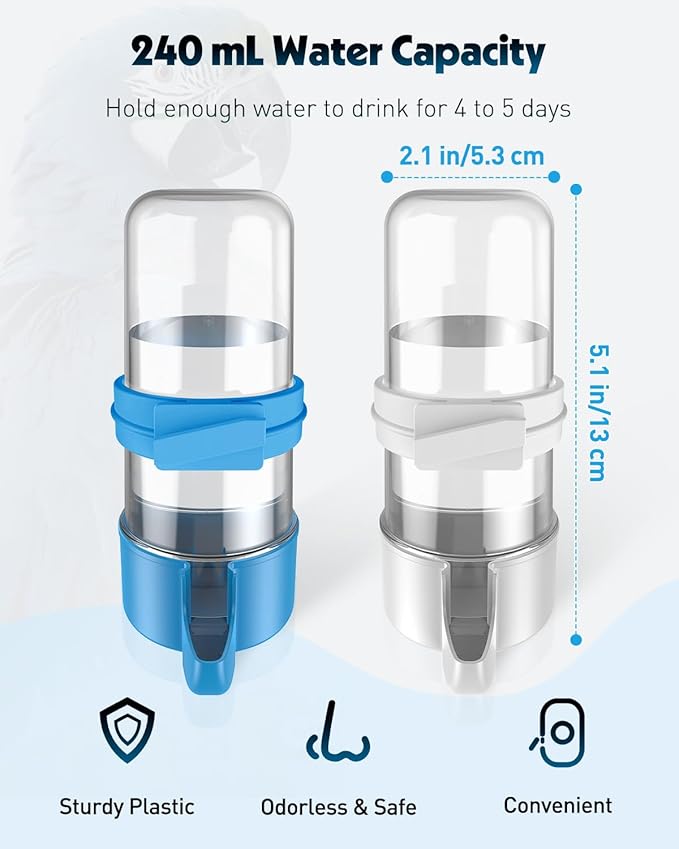 Pawfly Auto Bird Waterer, 2-Pack Cage Dispenser Feeder for Parrots, Hamsters - Small Bird Accessories for Cockatiel, Budgie, Lovebirds (White/Blue)