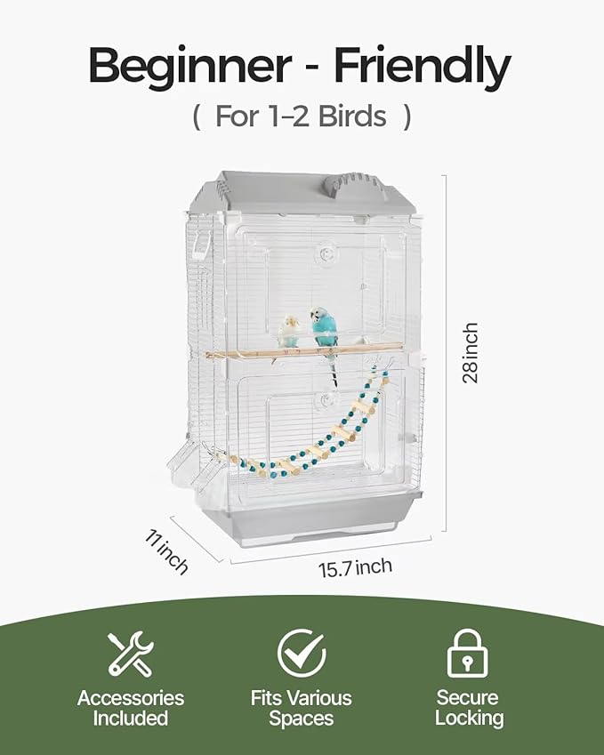 Clear View Bird Cage, Indoor Large Cage for Parakeet, Budgies, Cockatiels, Jaula para pajaritos, Easy Clean Safe Materials