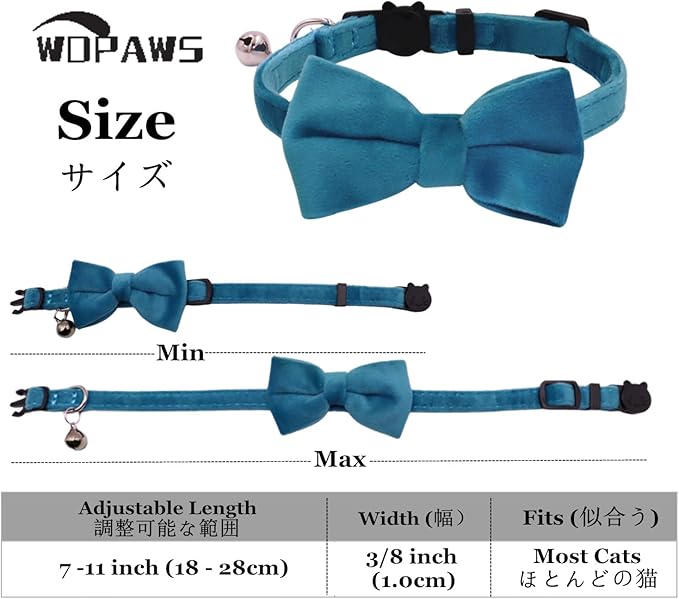 Cat Collar Breakaway with Bell and Removable Bow Tie Safety Buckle Velvet Adjustable 7-11 inches for Kitten Cats (Blue)