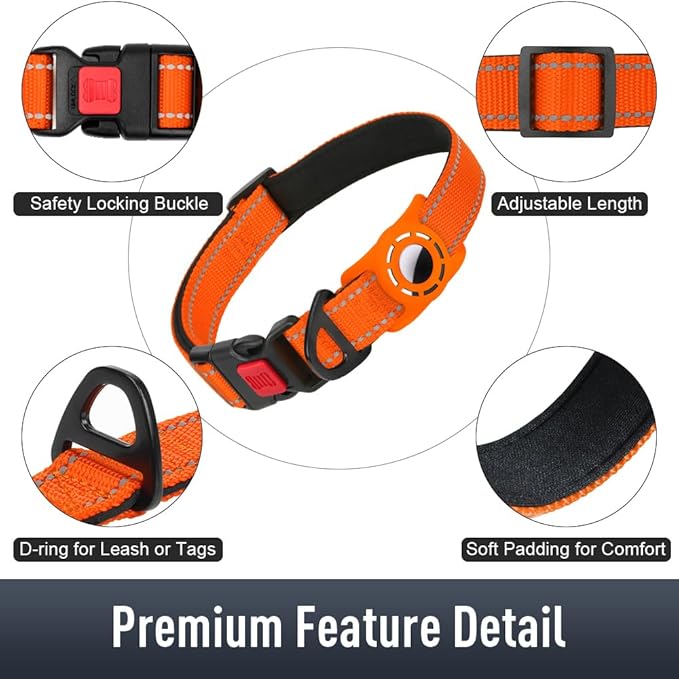 Airtag Dog Collar with AirTag Holder for Small Dogs, Reflective, Soft Padded & Safety Locking Buckle, Nylon Pet Collars Adjustable for All Breeds, Orange,S