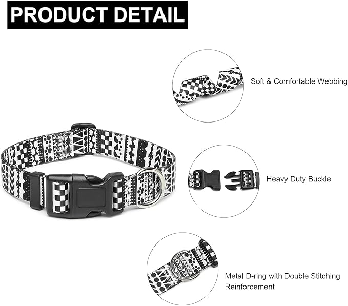 Mercano Adjustable Dog Collar - Special Design Patterns, Soft Nylon Comfortable Durable Pet Collar for Small Medium Large Dogs (L, Black White A)