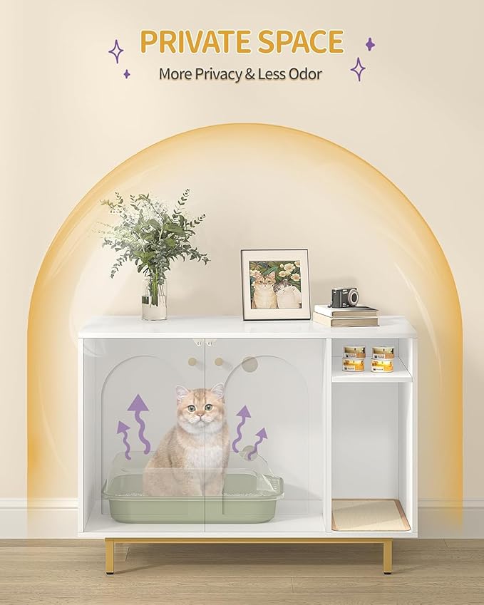 Cat Litter Box Enclosure Enclosed, Hidden Litter Box Cabinet Furniture with Storage, Wooden Indoor Cat House Large, Modern End Table for Living Room Entryway, White and Gold CB84903A