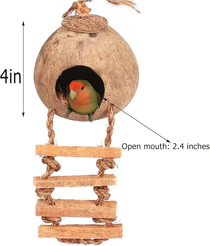 Tfwadmx Coconut Hide with Ladder, Natural Fiber Hanging Birdhouse Cage, Bird Shell Breeding Nest for Parrot, Parakeet, Lovebird, Finch, Canary (2 Pcs)