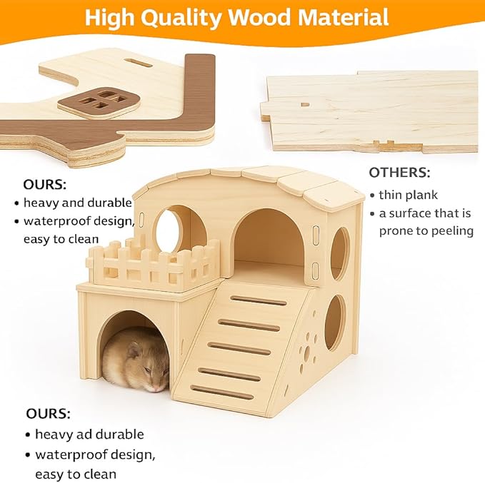 Hamster House Wooden Hamster Wheel & Water Bottle Set, Silent Exercise Wheel 5.9" with Adjustable Water Dispenser Stand, Small Animal Accessories for Ham Ster, Gerbil, Guinea Pig, Mice (3 Pcs)