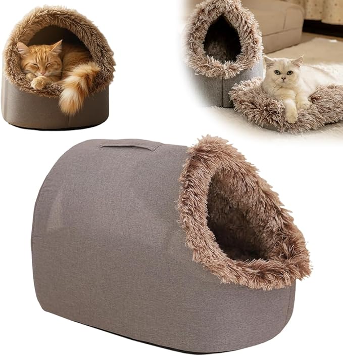 Winter Warm Pet Cave Bed, 2026 New Soft Plush Cozy Indoor Nest for Cats and Small Dogs, Removable Cushion Warming Pets Cozy Enclosed Cat House with Non-Slip Bottom for Winter (Brown, Large)