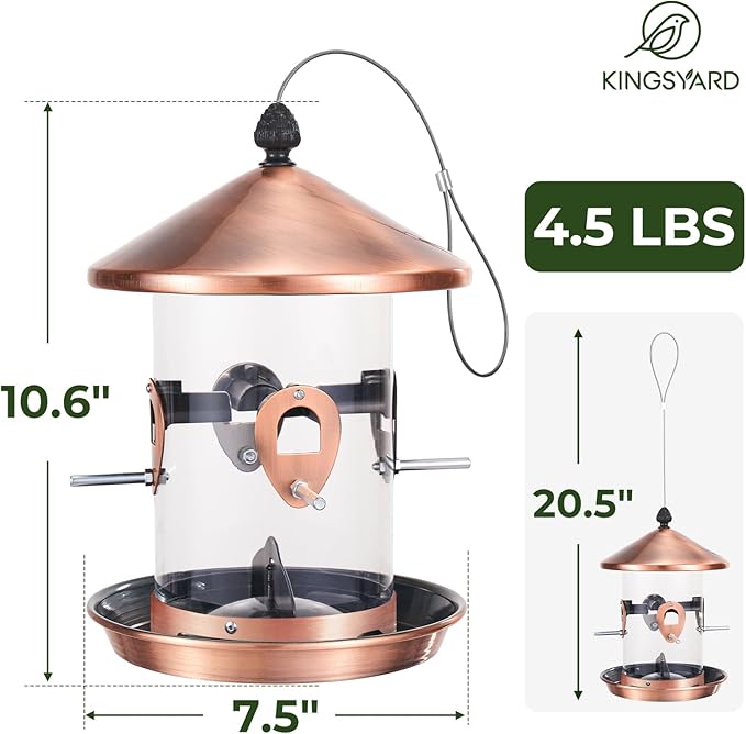 Kingsyard 4.5 lbs Large Metal Bird Feeders for Outdoors Hanging with 8 Ports, Tube Bird Feeder with Seed Tray, Weatherproof Squirrel Proof Roof for Cardinal Finch, Copper