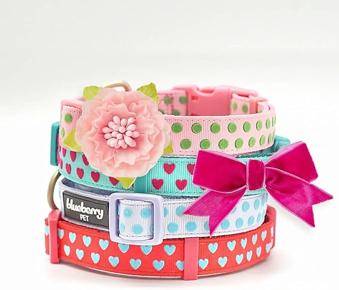 Blueberry Pet Adjustable Flocking Dog Collar with Artificial Silk Flower - Polka Dot in Pastel Purple, Large, Neck 18"-26"