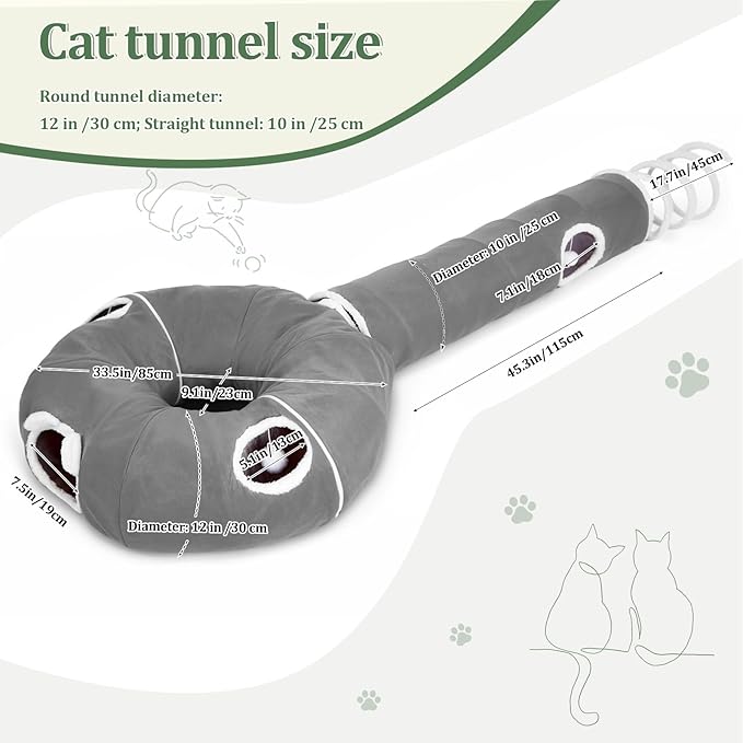 Ownpets 2-in-1 Cat Tunnel, Large Lollipop Shape Cat Tunnel Toy with Fluffy Balls, Spiral Toy, Plush Collapsible Cat Cave Hideout Donut Tunnel for Multi Kitten Puppy Rabbit, Grey