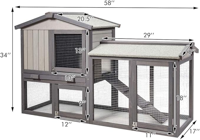 Tangkula Rabbit Hutch Indoor and Outdoor, 58-Inch Bunny Cage with Removable Tray & Ramp, Wood Chicken Coop with Waterproof Roof for Rabbits, Chicken and Guinea Pigs (Gray)