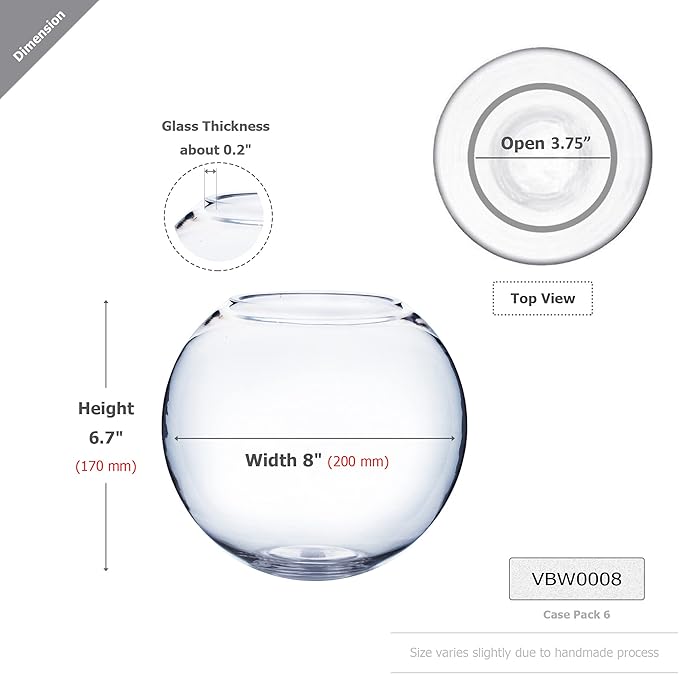 WGV Bowl Glass Vase Bulk, Diameter 8", Height 6.5", Open Width 3.75", (Multiple Sizes Choices) Clear Bubble Planter Terrarium Fish Bowl for Wedding Event Home Decor, 6 Pieces (VBW0008)