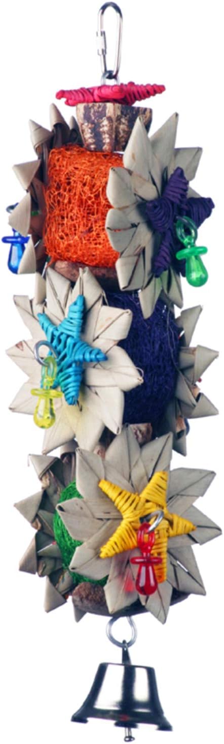 Super Bird Creations SB1098 Palm Star Bird Toy for Parrots, Ringnecks, Medium Conures, Quakers, Pionus, Senegal - Leaves, Colorful loofa, Mahogany Pods Vine Stars - Medium Bird Size, 13" x 3.5" x 3.5"