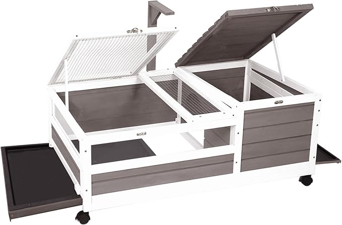 Tortoise Habitat Tank Indoor Outdoor, Wooden Tortoise House with Wheels, 2-Room Reptile Turtle Enclosure Cage for Small Animals, Lamp Holder, Leakproof Tray, Grey
