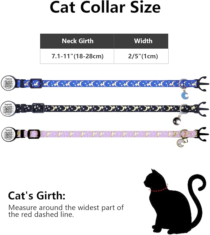 3-Pack Smart ID Cat Collar with Name Tag, Breakaway Adjustable Kitten Collars - QR Code Profile & Star Moon Safety Collars, Multi-Color Set (Black/Blue/Pink) | TagHelp