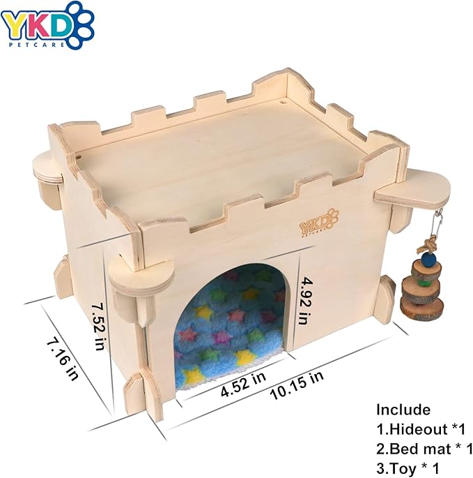 YKD Castle Chinchilla House, Small Animal Hideout for Chinchilla, Guinea Pig, Hedgehog, or Rat, Ventilated Wooden Guinea Pig Hut Habitat with Multiple Doors (Medium)