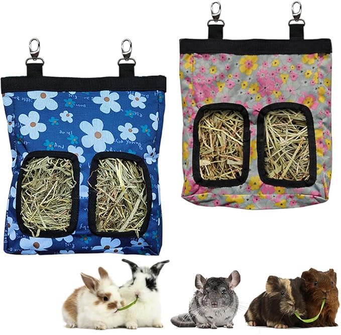 Guinea Pig Hay Feeder, Hanging Rabbit Hay Feeder Bag for Guinea Pigs Bunnies Chinchillas. Little Flower + Blue Flower，2 Count