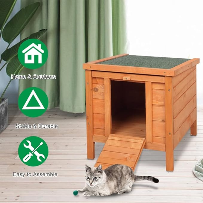 Cat House Outside, Weatherproof Wooden Bunny Rabbit Cat Hutch Outdoor Pet Cage Shelter Feral Cat House, Small Pet House and Habitats